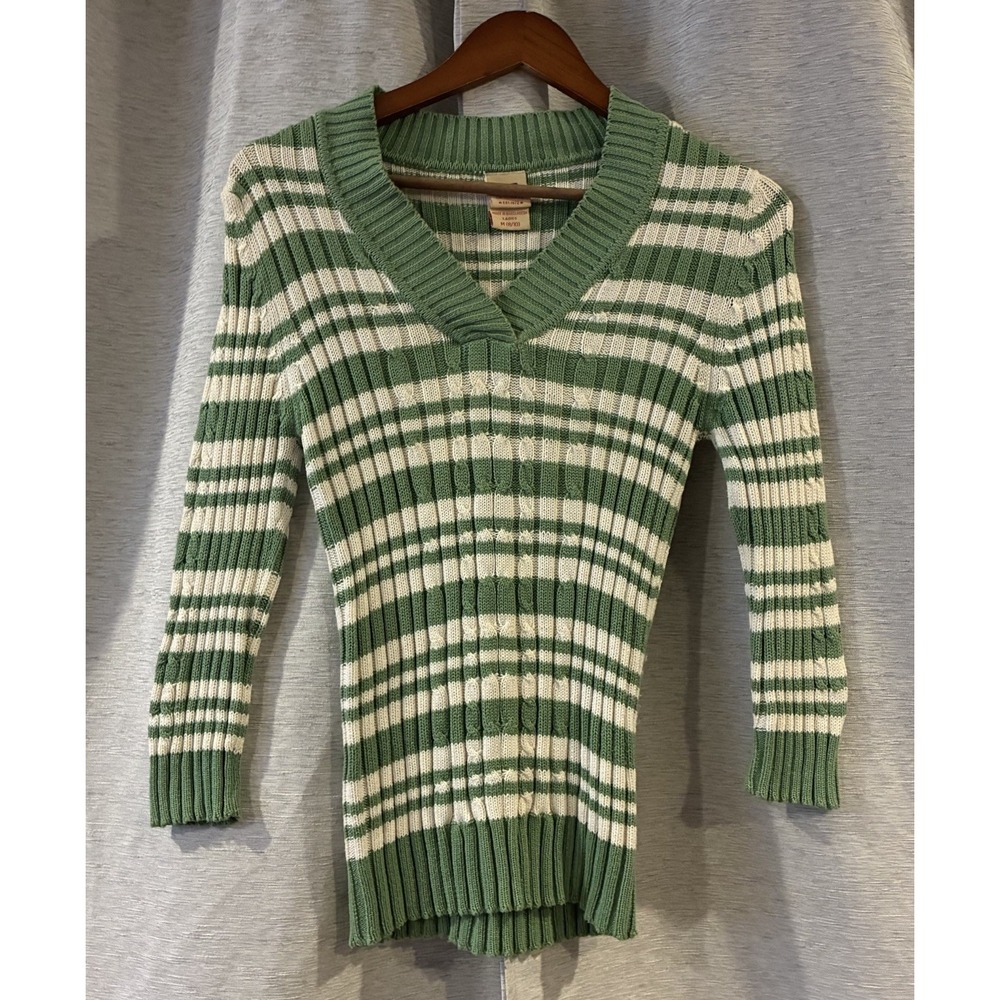 Faded Glory Womens V-neck Striped Pullover Knit Sweater Green White Size M